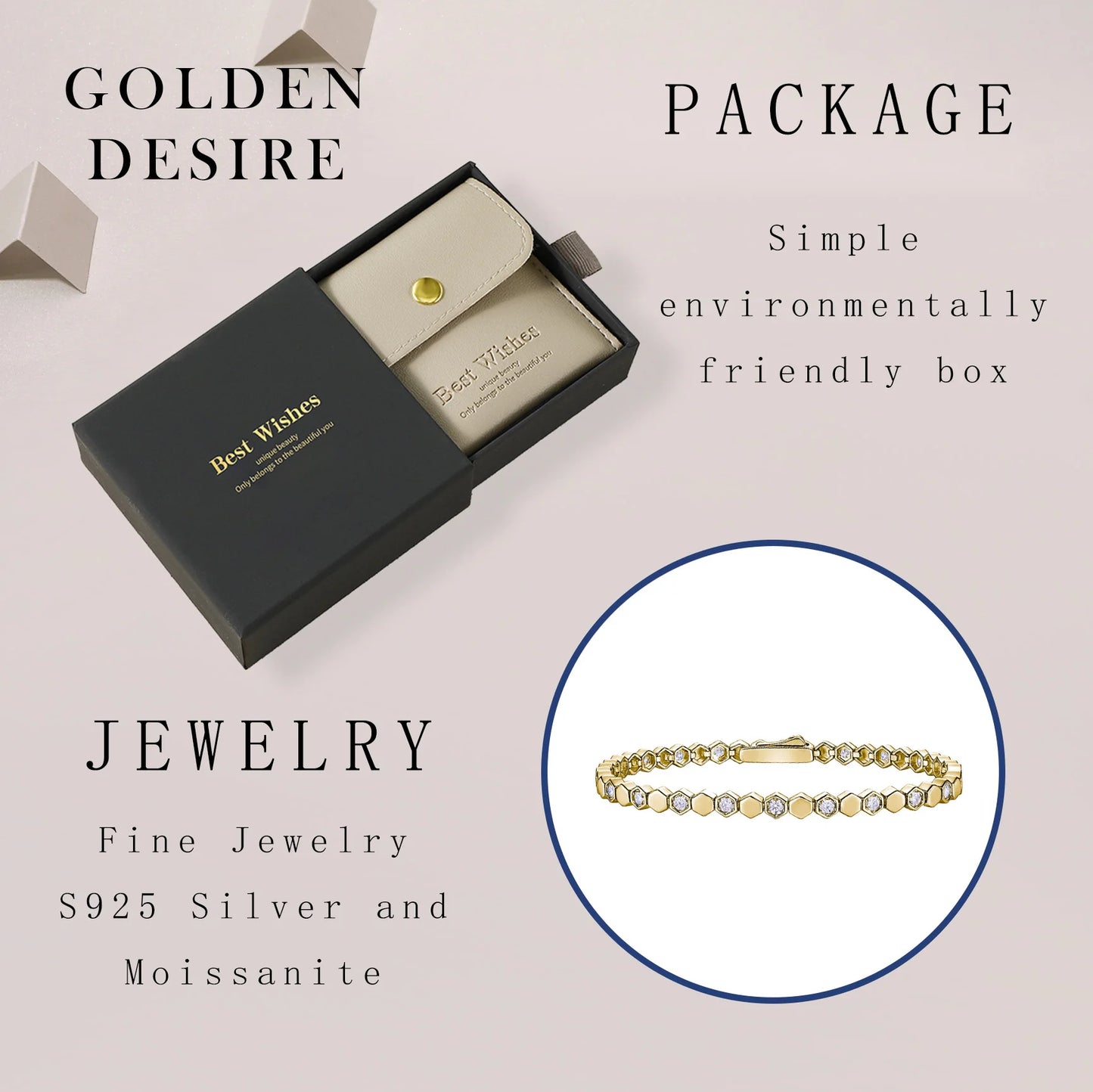 925 Sterling Silver 14K Gold Plated Moissanite Hexagon Tennis Bracelet for Women Color Sparkling Geometric Jewelry Gift