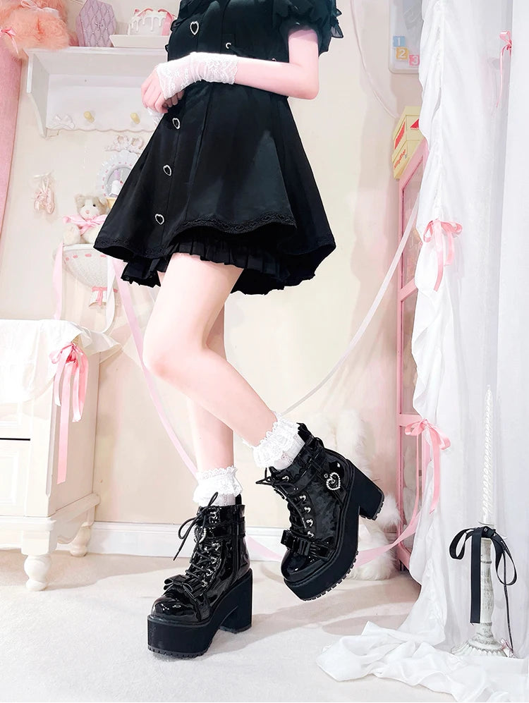 Japanese Mine Lolita Short Boots for Women Mass Production Love Rhinestone Buckle Bow Round Head Platform Boots Sweet Shoes