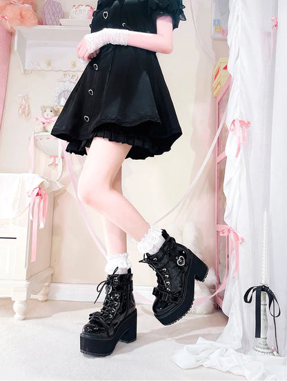 Japanese Mine Lolita Short Boots for Women Mass Production Love Rhinestone Buckle Bow Round Head Platform Boots Sweet Shoes