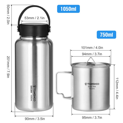 TOMSHOO 1050ml Stainless Steel Water Bottle Leak Proof Sports Bottle with 750ml Water Cup Coffee Mug Hanging Pot for Outdoor