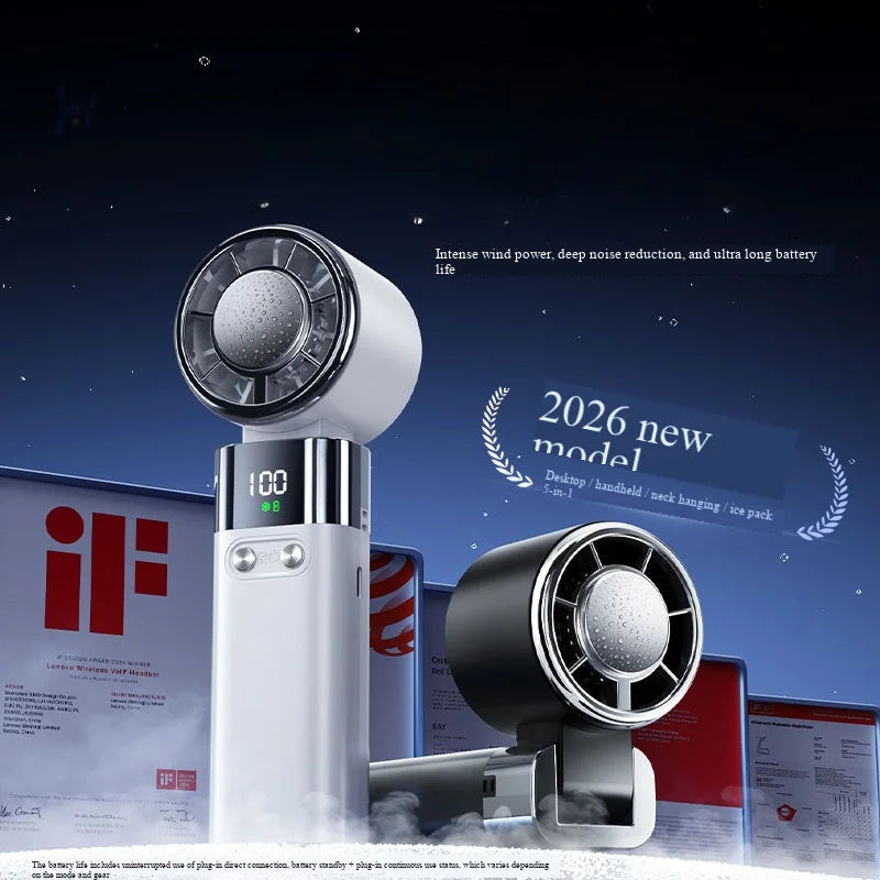 Handheld Fan with Semiconductor Cooling, Ice Compress, Ultra-Long Battery Life, Foldable Tabletop, Digital Display, Mini Fan