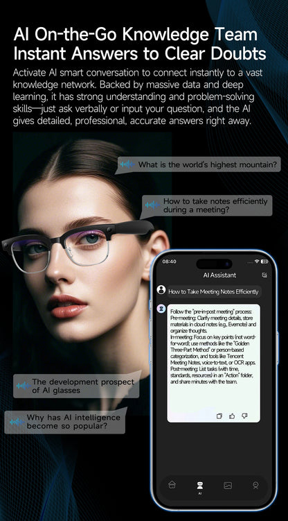 Lunettes intelligentes avec traduction IA, caméra HD 8 mégapixels, stabilisation optique de l'image, double microphone et réduction du bruit.