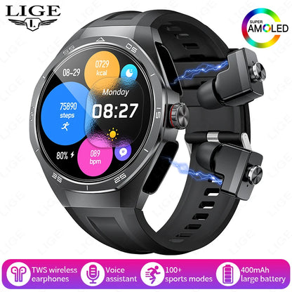 LIGE 2 In 1 Smart Watch With Earbuds NFC Smartwatch TWS Bluetooth Earphone Heart Rate Blood Pressure Monitor Sport Fitness Watch