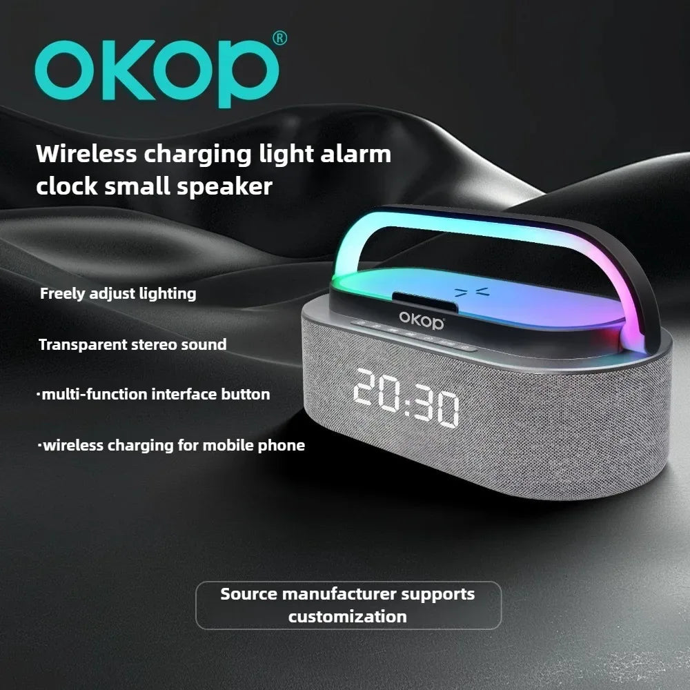 OKOP Bluetooth Speakers,6 in 1 Multi-function,Alarm Clock, Wireless Charger RGB Night Light , Audio,portable Speaker,White Noise