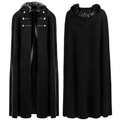 Cape punk vintage pour homme, style décontracté, col en fourrure, à capuche, idéale pour Halloween, costume médiéval, Renaissance, automne/hiver, manteau long