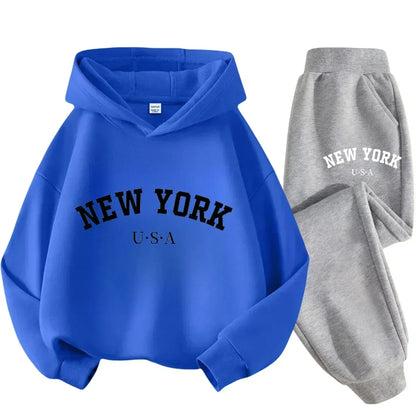 Autumn Warm New York Letter Cool Graphic Print Children Long Sleeve Hoodie +pant Suit 2pcs Set Sweatshirt Boy Girl Kid Sportwear