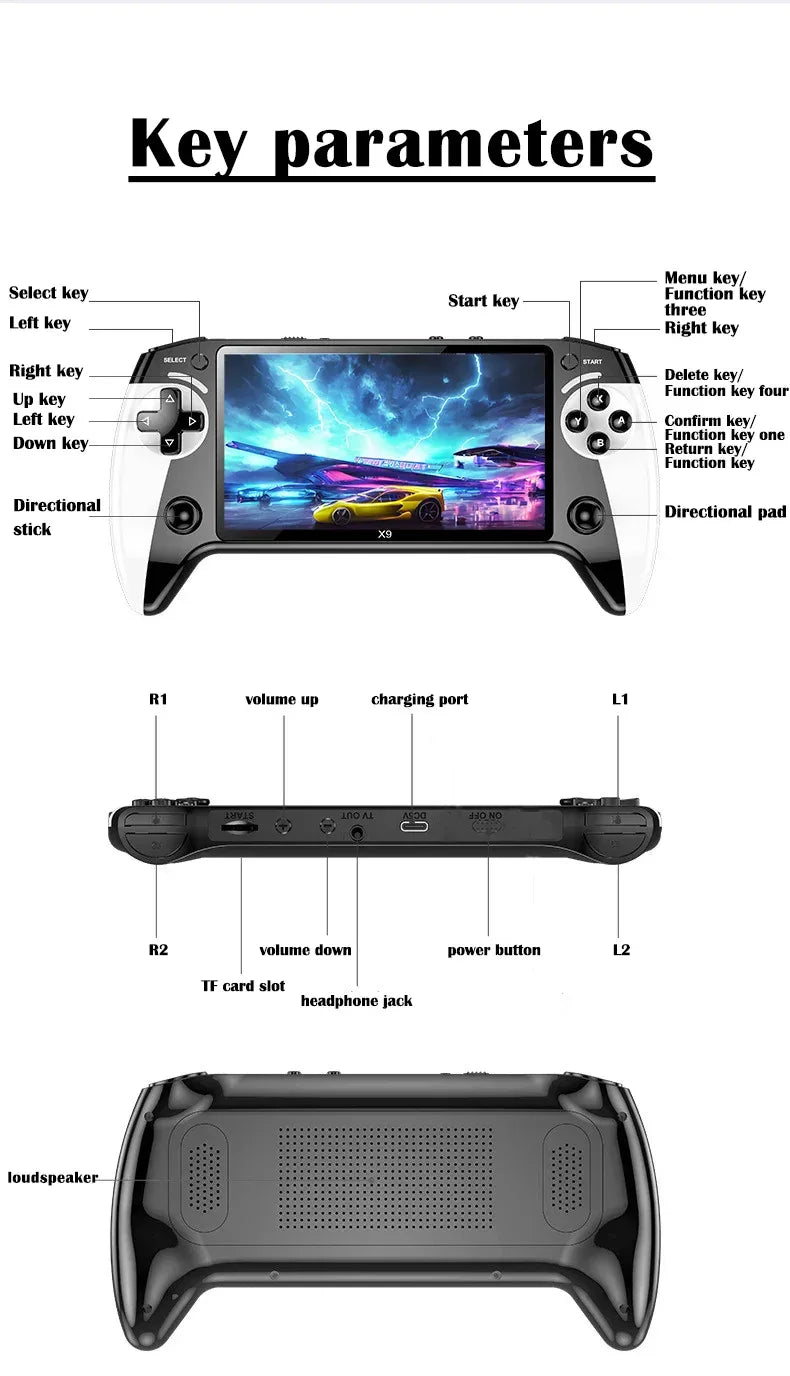 X9 portable game console, 5.5-inch screen, 1500mAh, retro video game player, Type C charging, electronic game player, large Arca