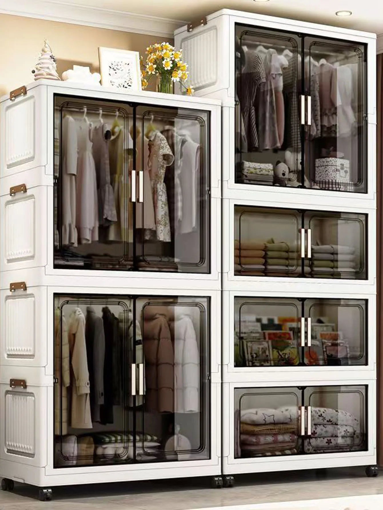 Multi-Functional Folding Storage Cabinet with Doors for Home Office Kitchen Bathroom Organizer White Black Gray