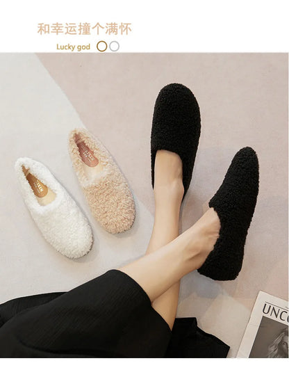 Big Size 43 Women Lambswool Slippers Winter Sheep Fur Shoes Ladies Flat Cotton Slides Home Pantuflas Daily Slip On Furry Mules