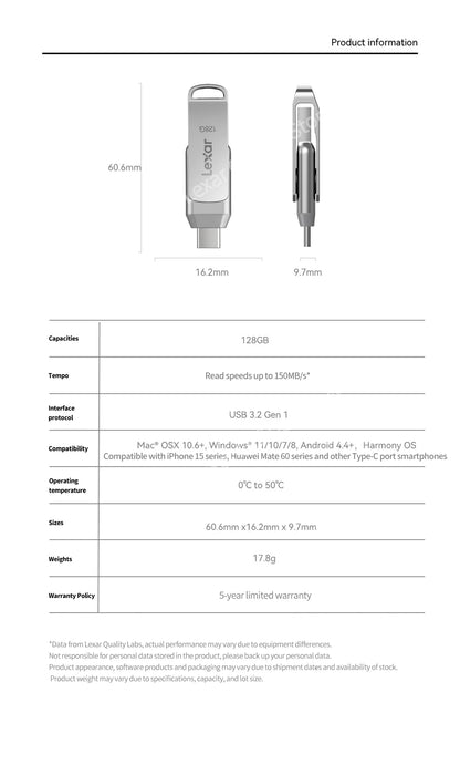 Lexar JumpDrive D40T Encrypted Metal Pen Drive USB 3.2 Type-C Type-A High Speed USB Disk 128GB Flash Memory for PC