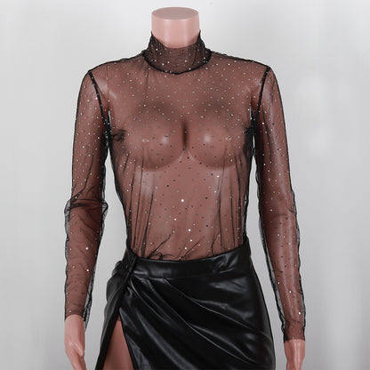 Summer Sexy Lace Mesh Sheer T Shirt Women Transparent Tops Turtleneck See Through Cover Up  Long Sleeve Shine Rhinestone Crops
