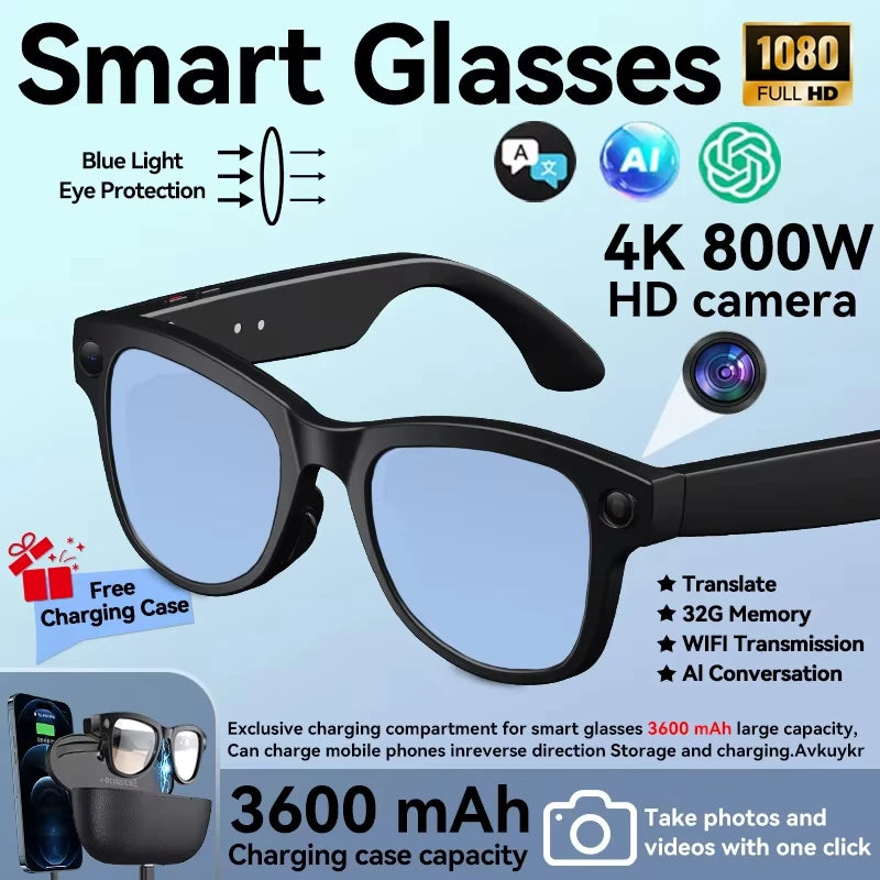 2026 New 8MP Camera Smart AI Glasses 3600mAh Charging Case Power Bank 1080P HD Camera ChatGPT 32GB Translation Video Sunglasses