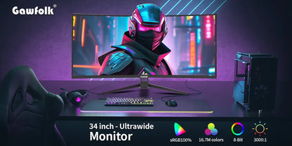 Gawfolk Curved Gaming Monitor 34-inch UWQHD 3440x1440P, 1500R Ultra-Wide PC screen 165Hz, curved computer screen, VA screen pane