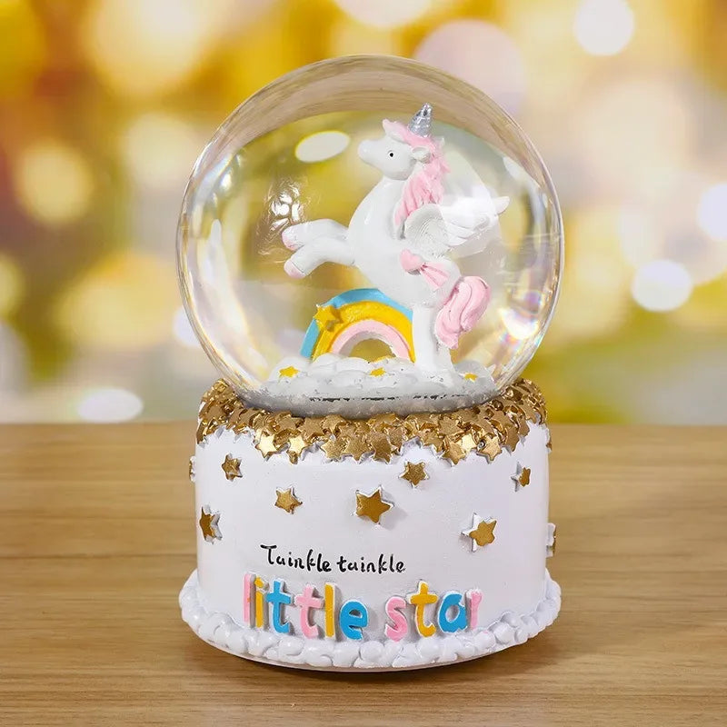 Unicorn Crystal Ball with LED Light Music Snow Globe Musical Box Resin Desktop Decoration Gift for Girls Kids Christmas Birthday