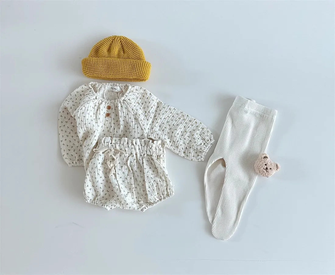 2024 Spring Newborn Floral Print Cotton Long Sleeve Tops+Shorts 2pcs Boy Girl Baby Loose Dots T-shirt Set Thin Infant Tees Suit