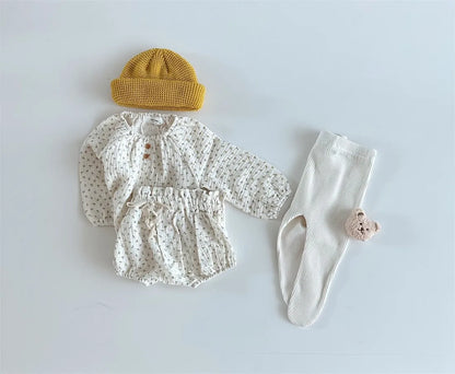 2024 Spring Newborn Floral Print Cotton Long Sleeve Tops+Shorts 2pcs Boy Girl Baby Loose Dots T-shirt Set Thin Infant Tees Suit