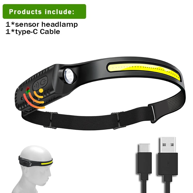 USB Rechargeable Head Torch Induction Headlamp COB LED Sensor Head Lamp Built-in Battery Flashlight 5 Lighting Modes Headlight