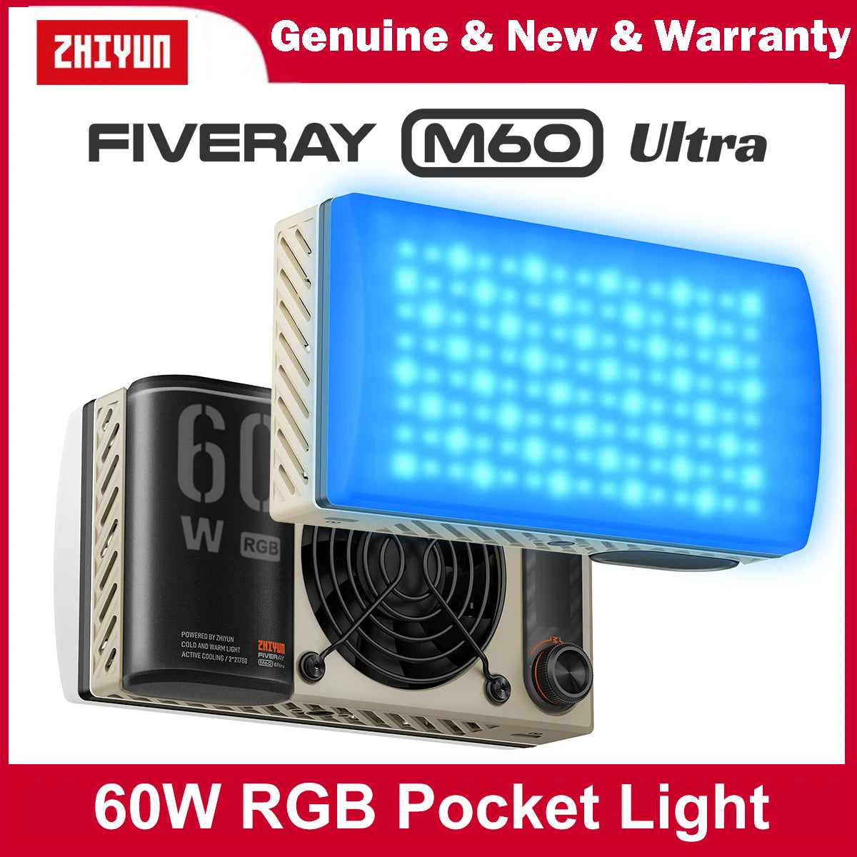 ZHIYUN FIVERAY M60 Ultra 60W RGB COB Pocket Light, High CRI ≥95, Full-Color 2500‑10000K, 4500mAh Battery, APP Control for Vlog