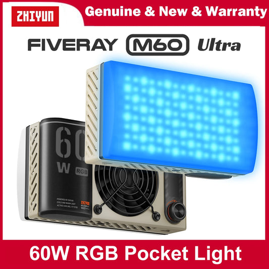 ZHIYUN FIVERAY M60 Ultra 60W RGB COB Pocket Light, High CRI ≥95, Full-Color 2500‑10000K, 4500mAh Battery, APP Control for Vlog