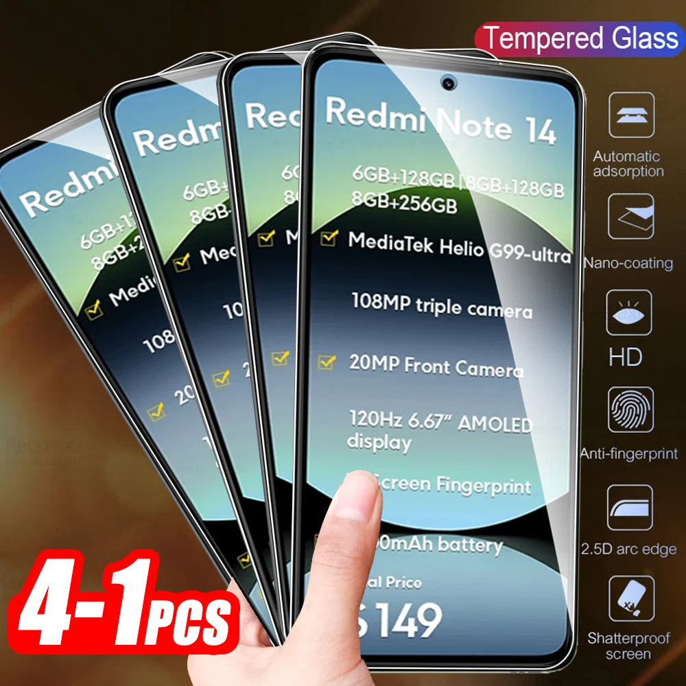 4-1Pcs 9H Premium Protective Glass For Xiaomi Redmi Note 14 4G 5G Global Screen Protector Redmy Note14 Note 14 RedmiNote14 Films