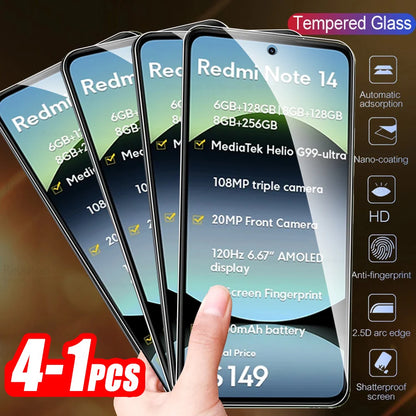 4-1Pcs 9H Premium Protective Glass For Xiaomi Redmi Note 14 4G 5G Global Screen Protector Redmy Note14 Note 14 RedmiNote14 Films
