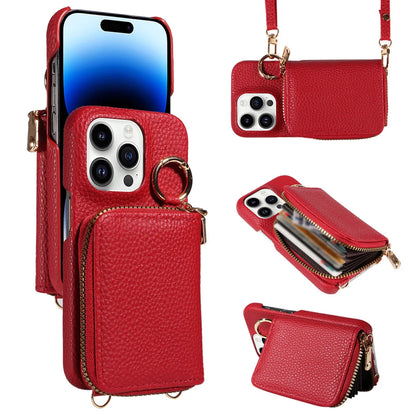Newly Designed Deluxe Zipper Card Case for IPhone16promax 15 14 PU Leather Phone Case with Crossbody Lanyard Wallet Function