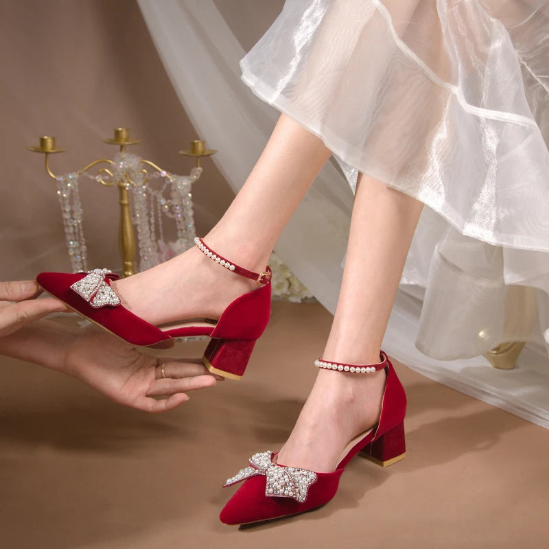 Maogu 2023 Pearl Bowtie Ankle Strap High Heels Shoes Woman Beige Red Bling Crystal Wedding Shoes Elegant Med Heels Women's Pumps