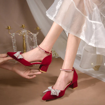 Maogu 2023 Pearl Bowtie Ankle Strap High Heels Shoes Woman Beige Red Bling Crystal Wedding Shoes Elegant Med Heels Women's Pumps