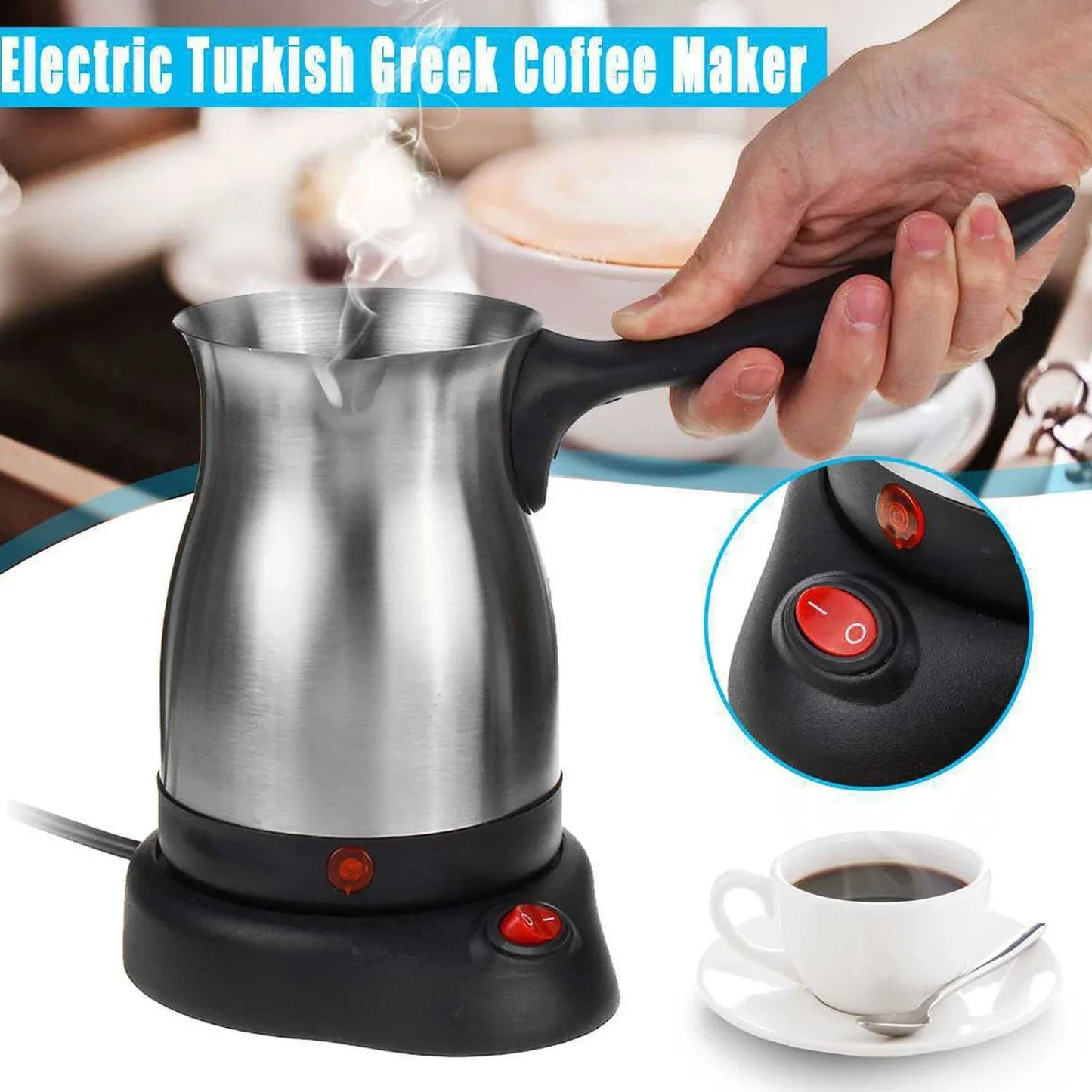 600ML Stainless Steel Electric Coffee Pot with Ergonomic Handle Turkish Coffee Maker Kettle for Home
