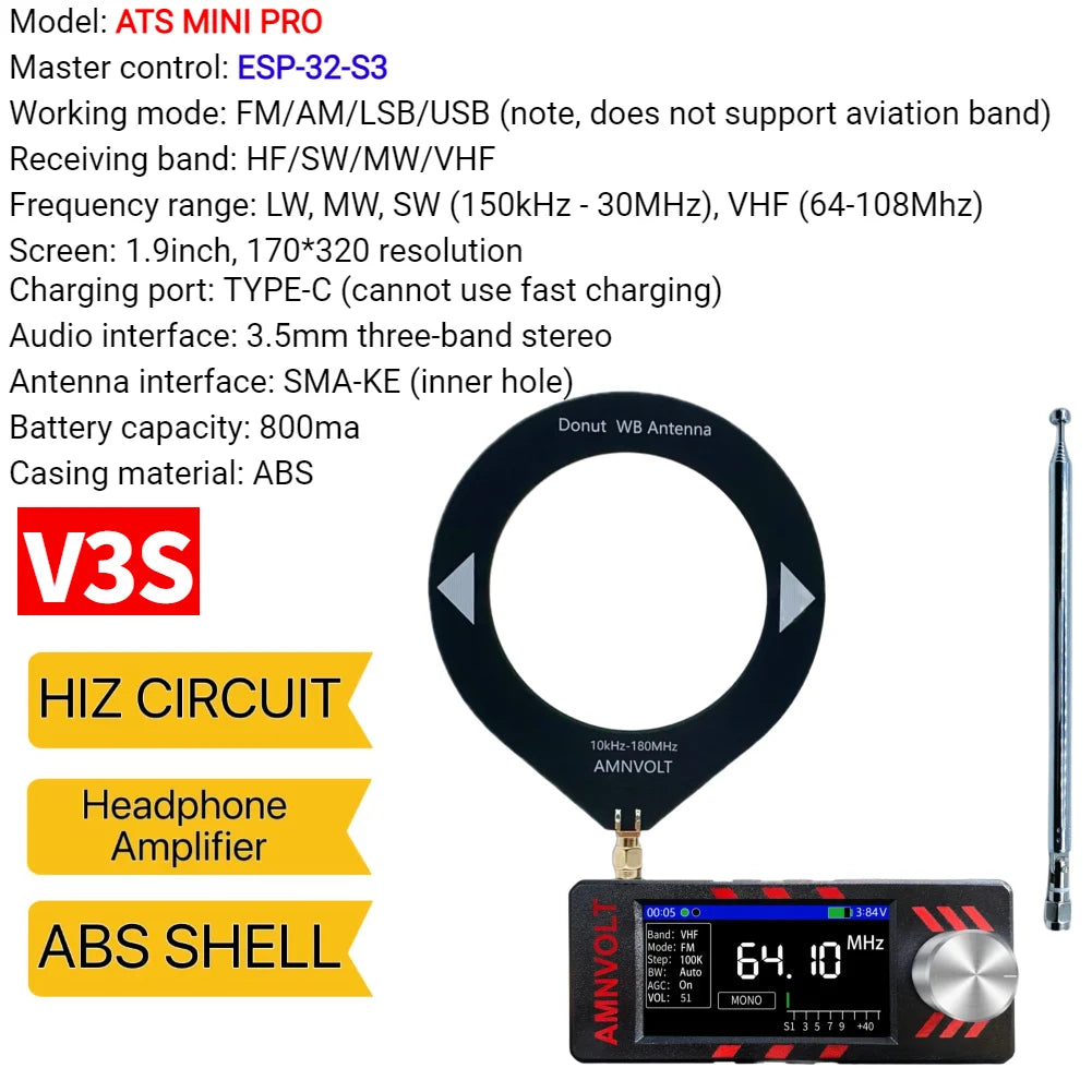 Upgraded V3S AMNVOLT Mini SI4732 DSP Radio Receiver FM AM SSB LSB USB Full Band Pocket Radio with Hi-Z Headphone Amplifier