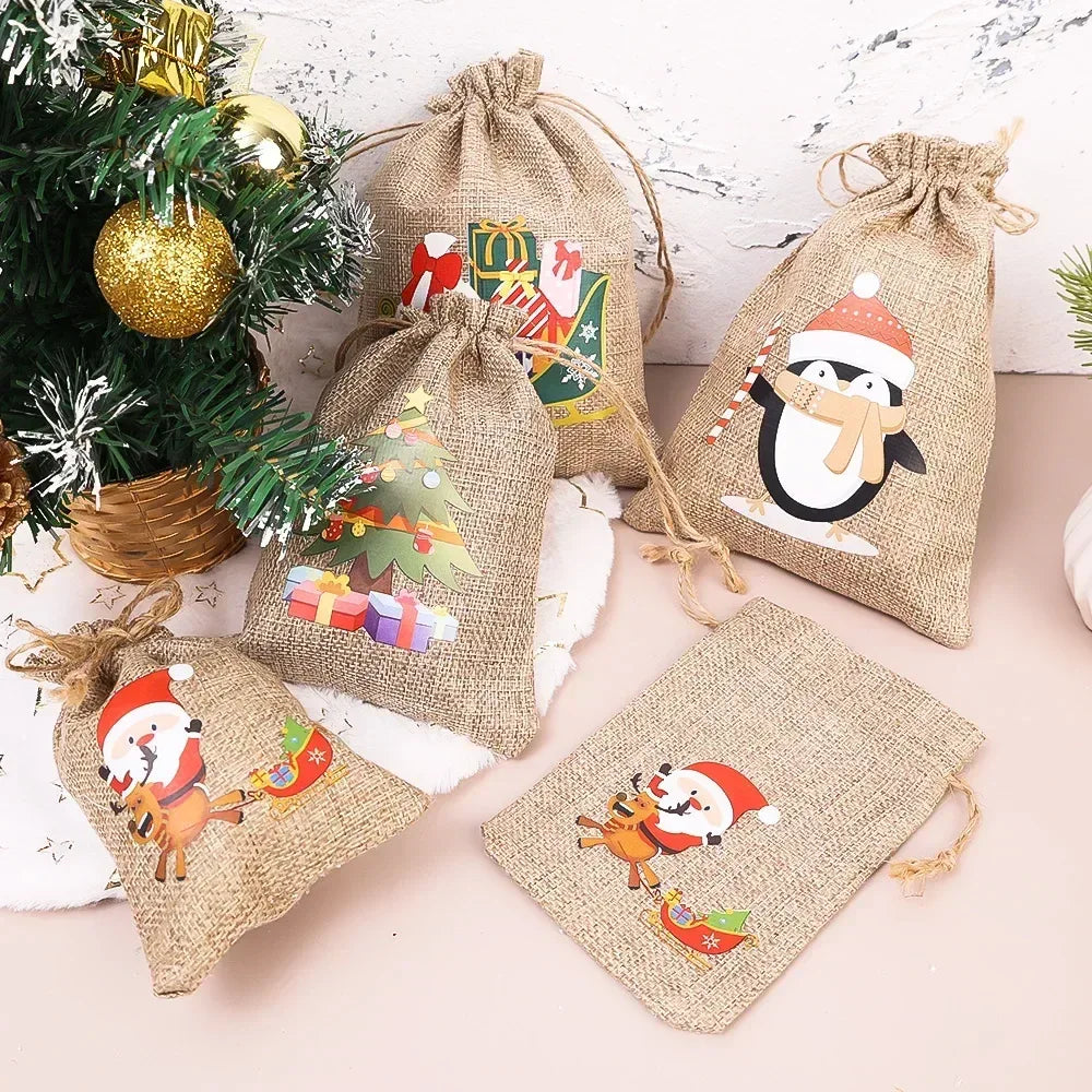 1/30PCS Christmas Linen Drawstring Bags Candy Biscuits Pouchs Burlap Bracelet Jewelry Storage Bags Xmas Kids Gift Packaging Bags