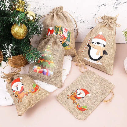 1/30PCS Christmas Linen Drawstring Bags Candy Biscuits Pouchs Burlap Bracelet Jewelry Storage Bags Xmas Kids Gift Packaging Bags
