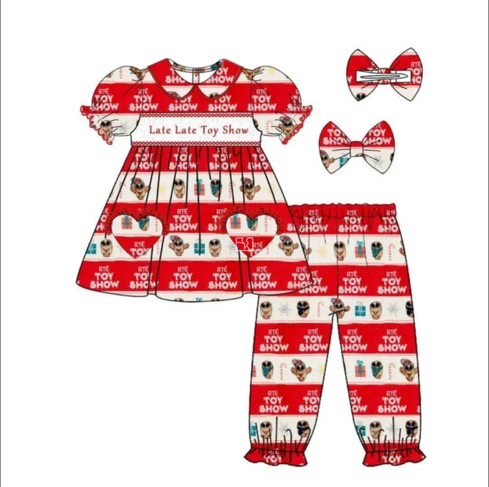 New Boutique children set Christmas lapel short-sleeved elastic cartoon letter print trouser girl boy long pajamas set baby robe