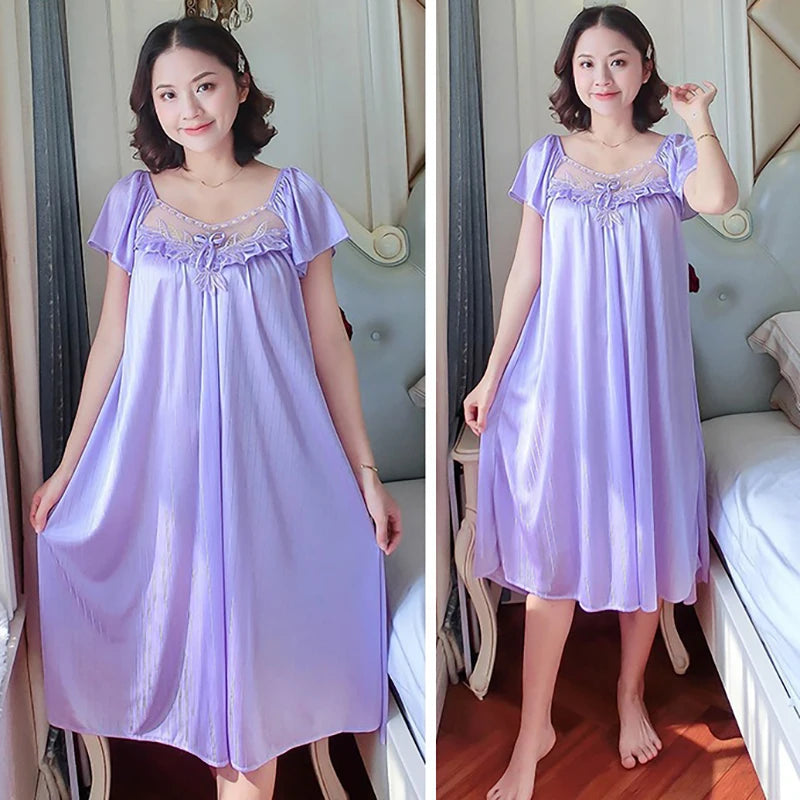 Women's Nightdress Loungewear Ladies Ice Silk Nightgowns Sleeping Dress Medium Length Short Sleeve Home Wear Pyjama Sleepwear