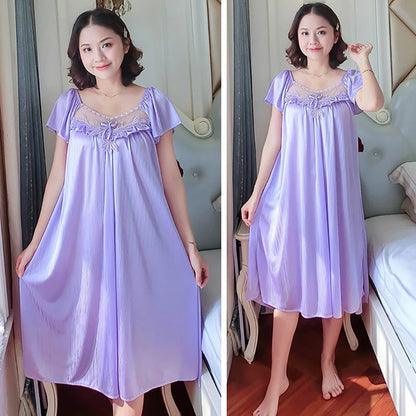 Women's Nightdress Loungewear Ladies Ice Silk Nightgowns Sleeping Dress Medium Length Short Sleeve Home Wear Pyjama Sleepwear