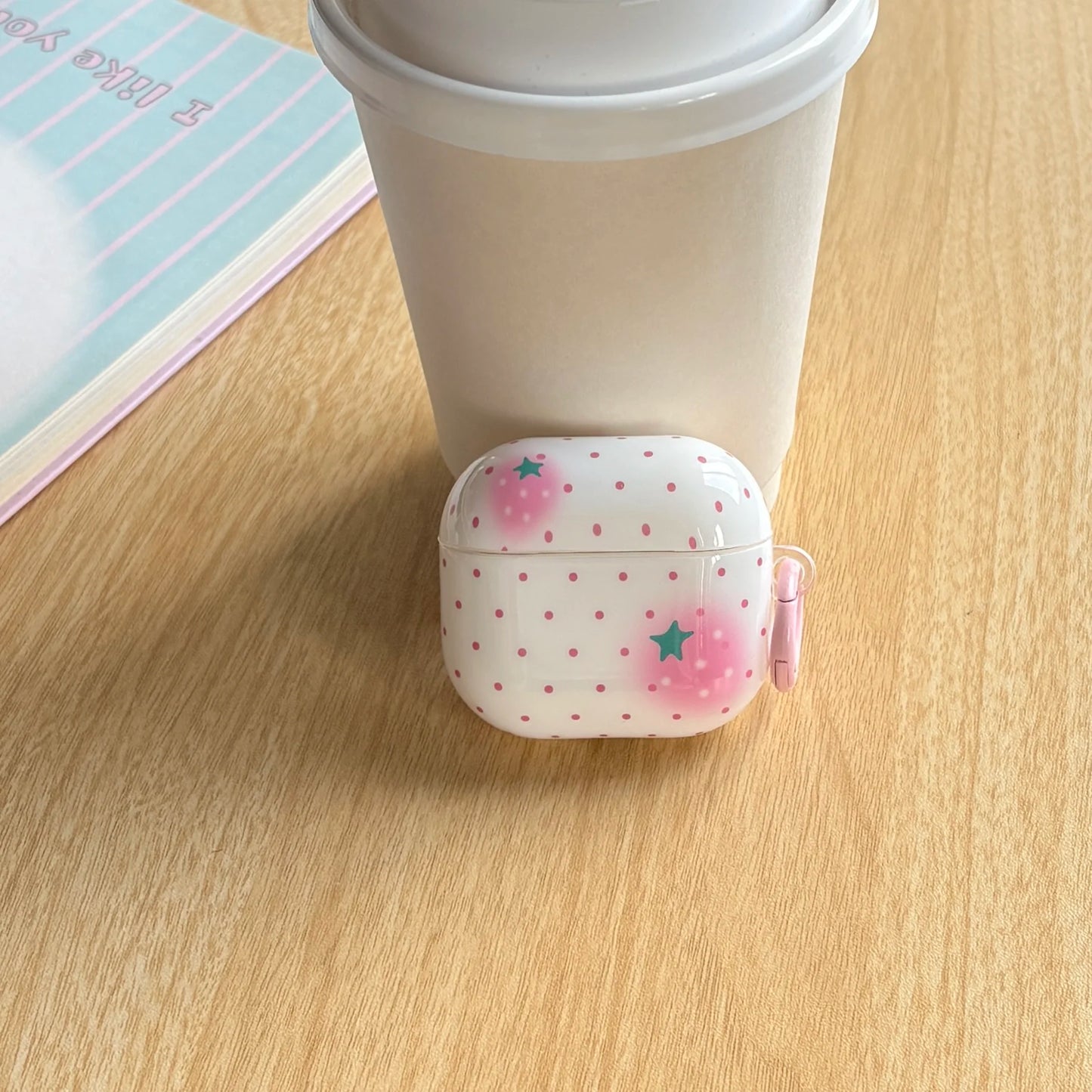 Full-Screen Pink Polka Dot Strawberry Pattern Glossy White Earphone Case with Pink Ring Cover for AirPods 1 2 3 4 Pro 2 Pro 3