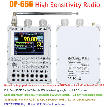 DP-666 TEF6686 Radio High Sensitivity Full Band FM AM Short Wave Radio with LCD Display High Sensitivity DSP Receiver Radio