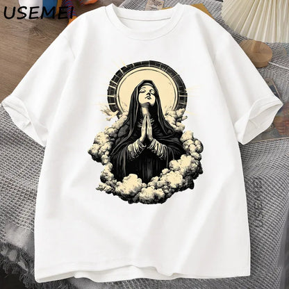 Christian T Shirt Virgin Mary Graphic Tshirt Faith Unisex Tee Christmas or Easter T-shirt Tee Shirt Cotton Short Sleeve Clothes