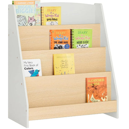 Children's bookshelf, Storage Furniture with 4 levels of open compartments, 61x30x71cm, White + wood color