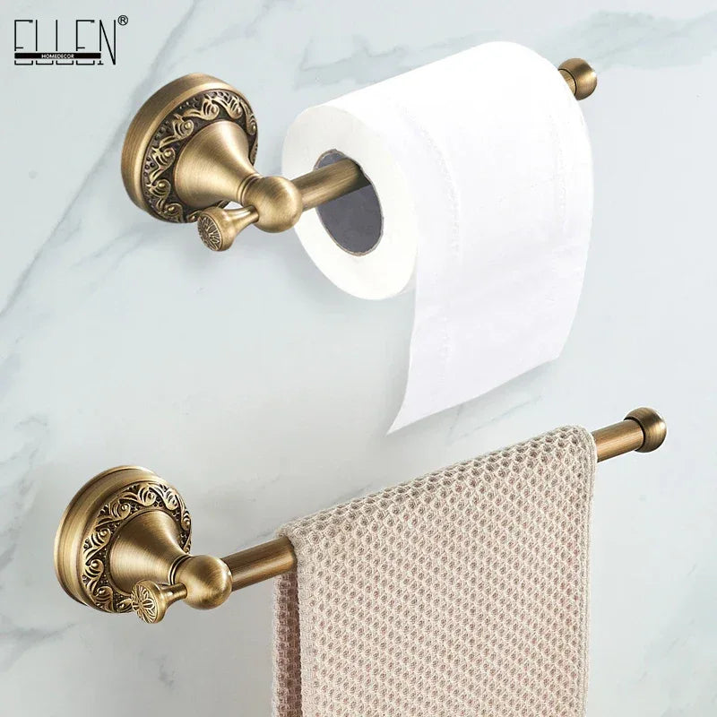 Antique Brass 2pc Bathroom Accessories Set, Bronze Dispenser Towel Rod and Toilet Paper Holder for Bathroom Wall Mounted