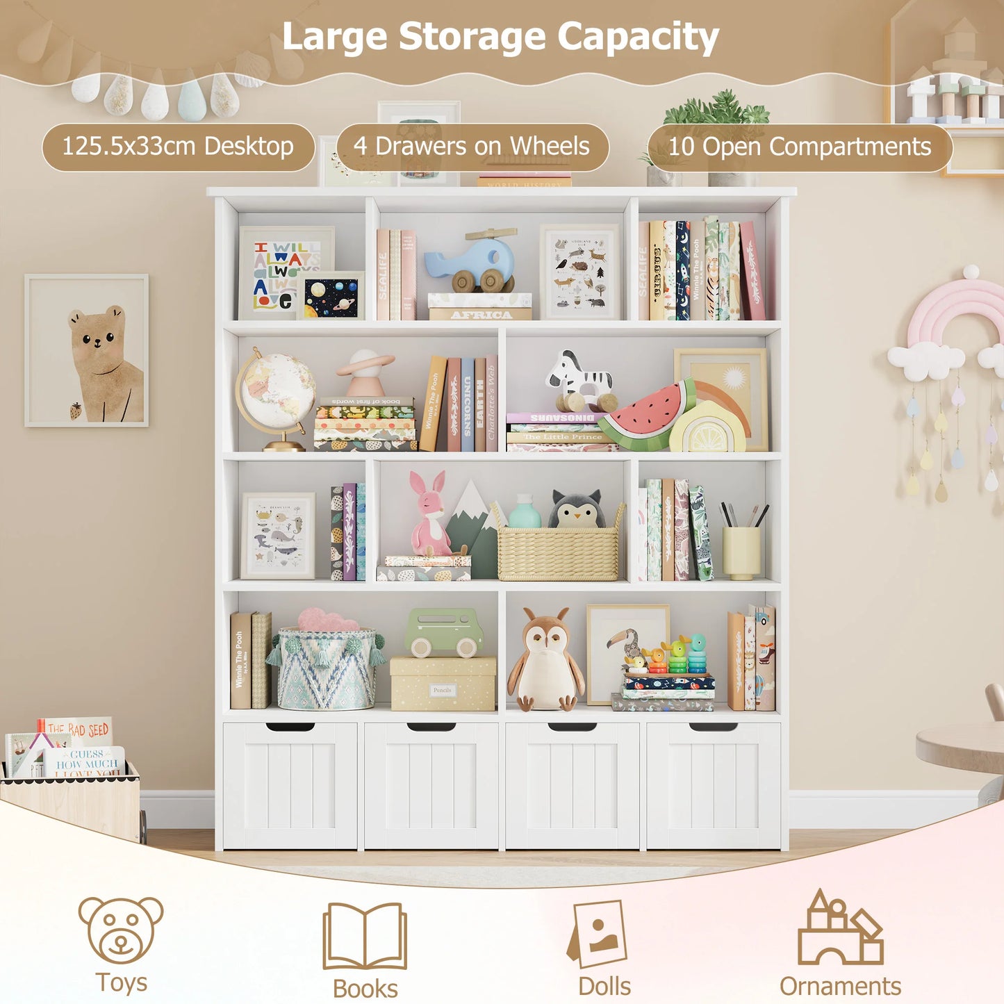 Getone Kids Toy Storage Unit Childrens Bookcase with 4 roller drawers 11 shelves Toy Organiser Kids Bookshelf for Nursery Playroom 125.5x33x146 cm White/ Pink