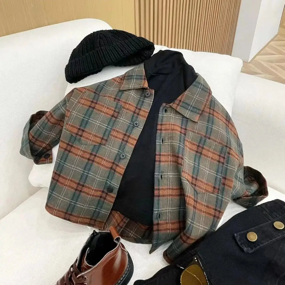 Korean Children's Clothing Girl Boys Suspender Pants+ Checkered Shirt Set Girls Baby Shirt Outfits Spring Autumn Kids Jeans Sets