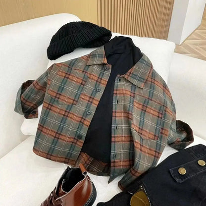 Korean Children's Clothing Girl Boys Suspender Pants+ Checkered Shirt Set Girls Baby Shirt Outfits Spring Autumn Kids Jeans Sets