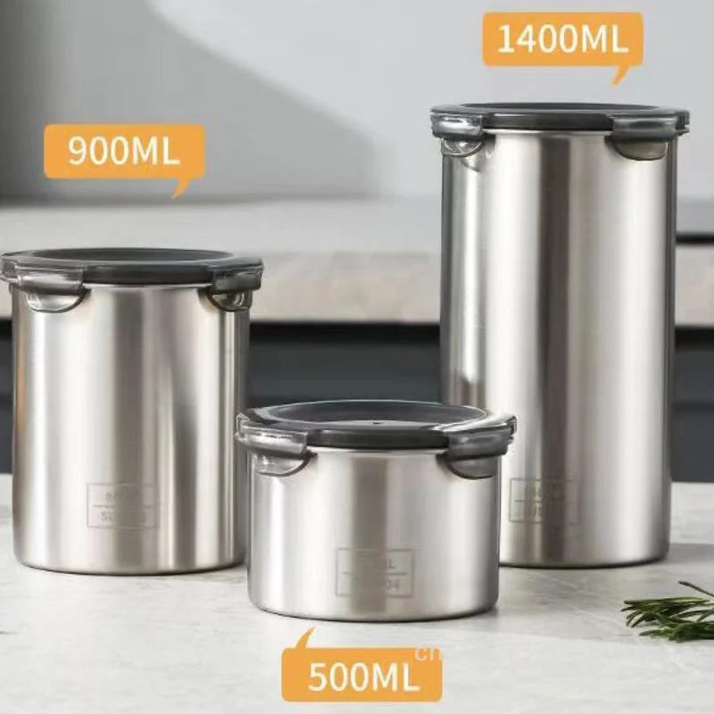 Stainless Steel Storage Jars Set 500/900/1400ml Sealed Containers Kitchen Organizer for Fresh Grain Vegetable Coffee