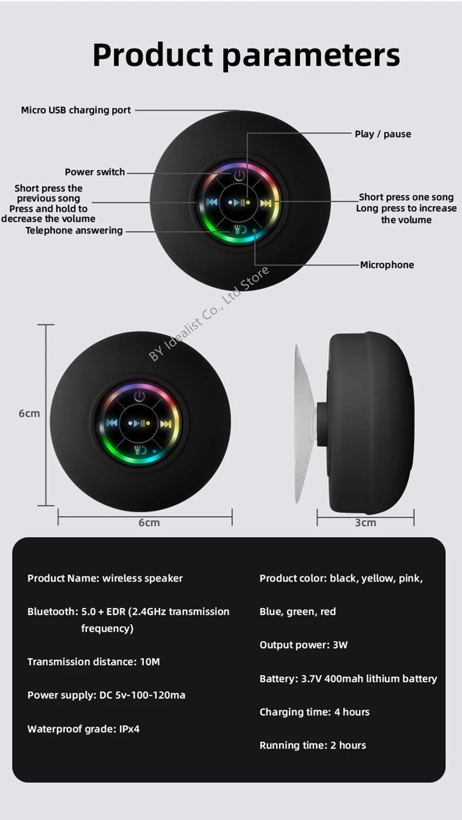 2025 Waterproof Wireless Led Bluetooth Speaker Large Suction Cup Bathroom Mini Portable Speakers Outdoor Sport Stereo Speakers