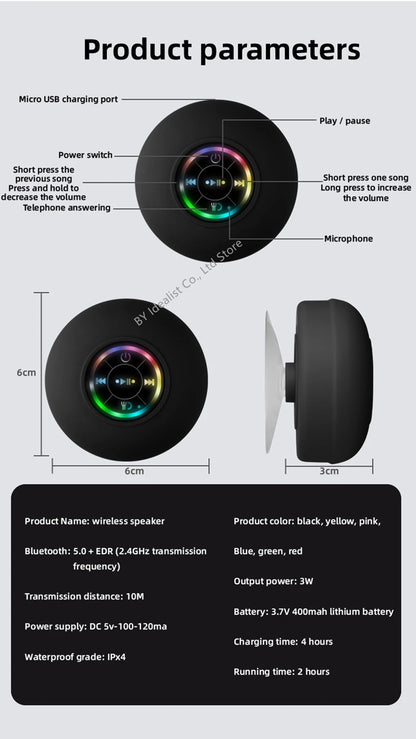 2025 Waterproof Wireless Led Bluetooth Speaker Large Suction Cup Bathroom Mini Portable Speakers Outdoor Sport Stereo Speakers