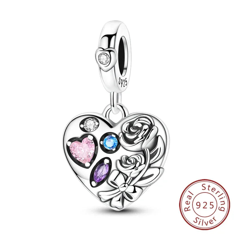 925 Silver Valentine's Day Charms Bead Sparkling Sweet Heart Rose Bear Charm Fit Original Bracelet Bangle Woman DIY Jewelry Gift