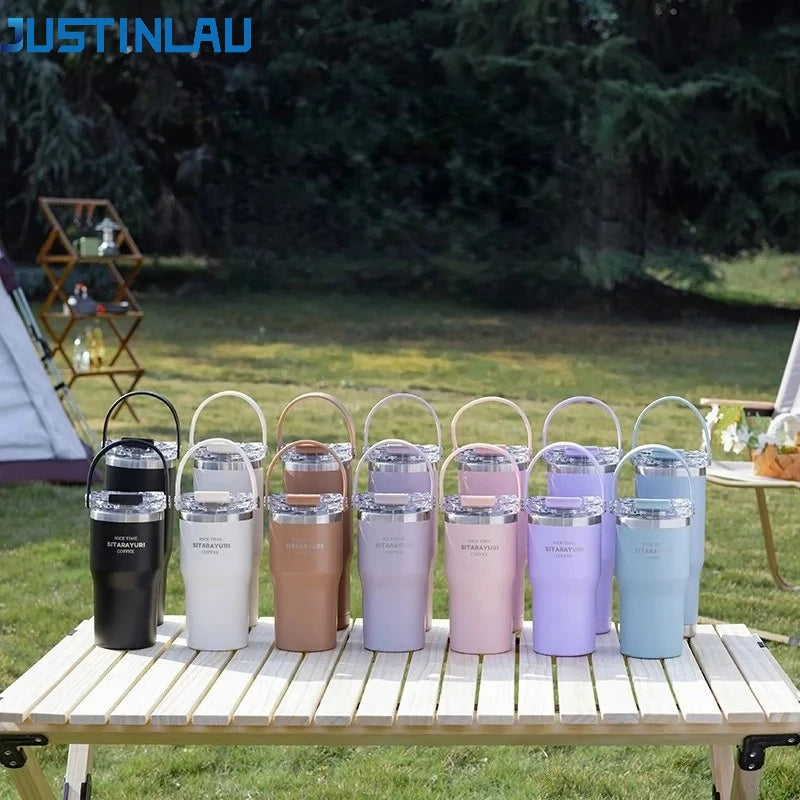 JUSTINLAU 600/900ml Insulated Cups Stainless Steel Double-drinking Thermos Cup with Handle& Straw Sports Bottle Car Ice Tumbler