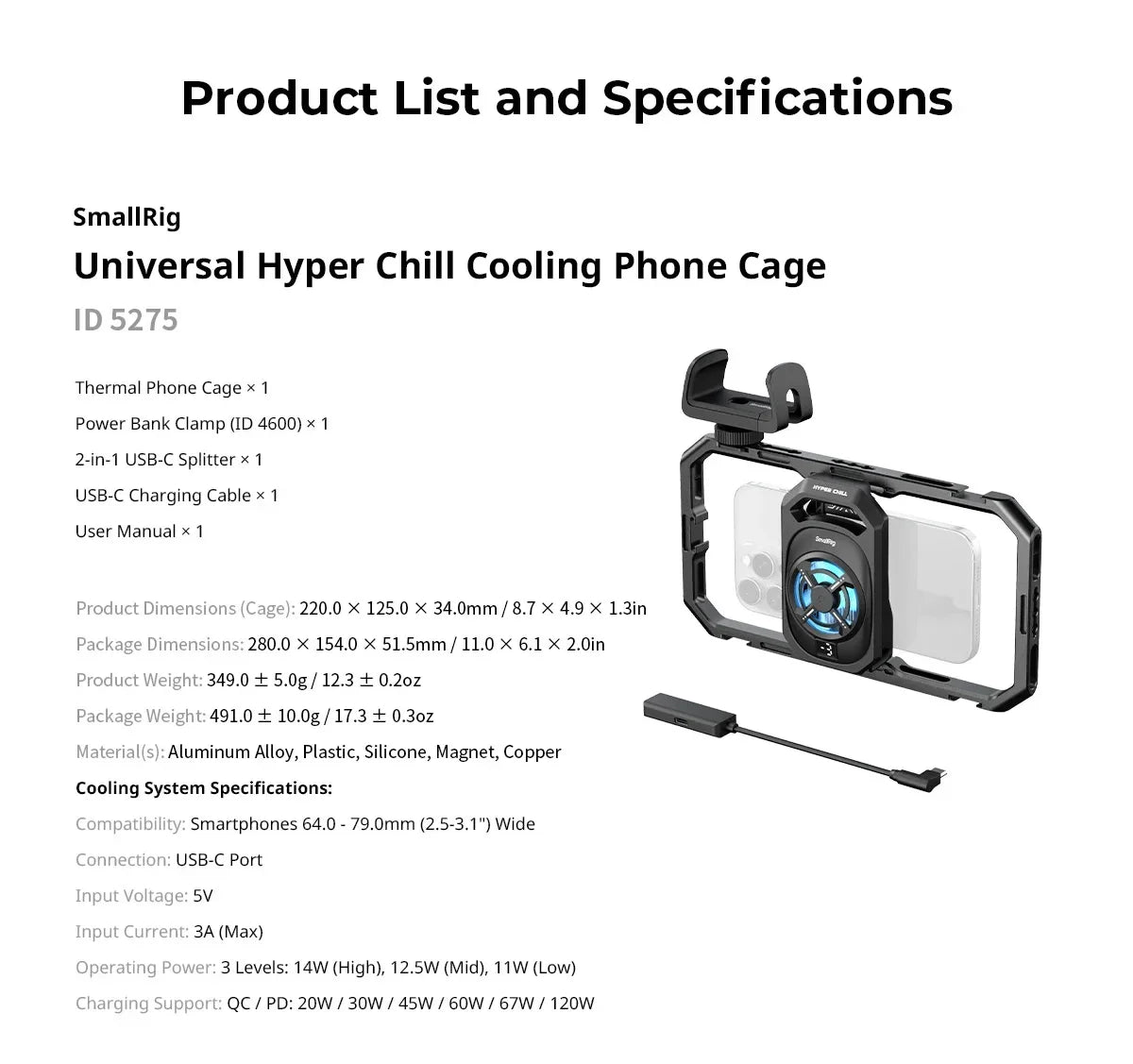SmallRig Universal Cooling Mobile Phone Cage for iPhone 17 16/Android Smartphones w 2-in-1 USB-C Audio Adapter Power Bank Holder