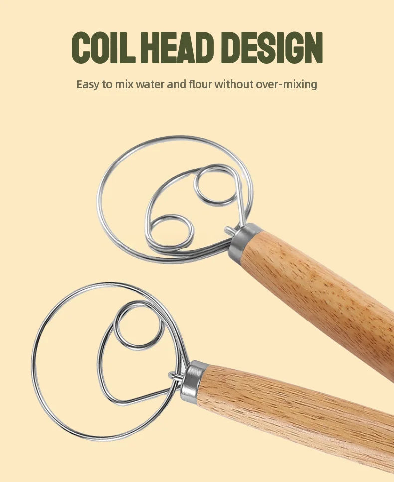 304 Stainless Steel Dough Whisk with Smooth Wooden Handle Sourdough & Bread Mixing 13 Inch Danish Dough Whisk Bread Tools